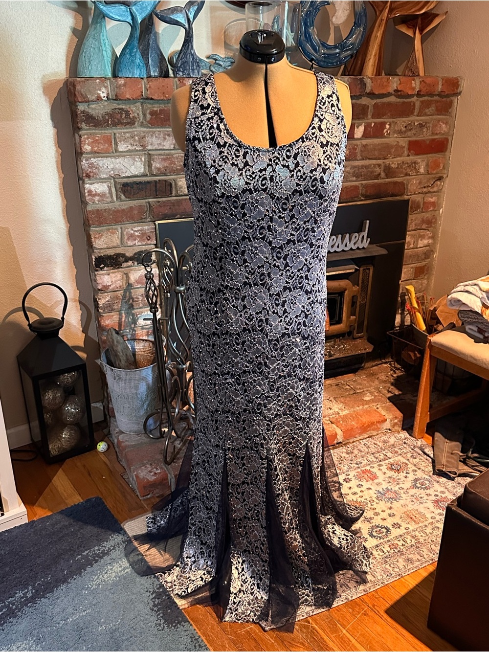 Sleeveless Navy and Ivory Lace Maxi Mermaid Dress. Never been worn